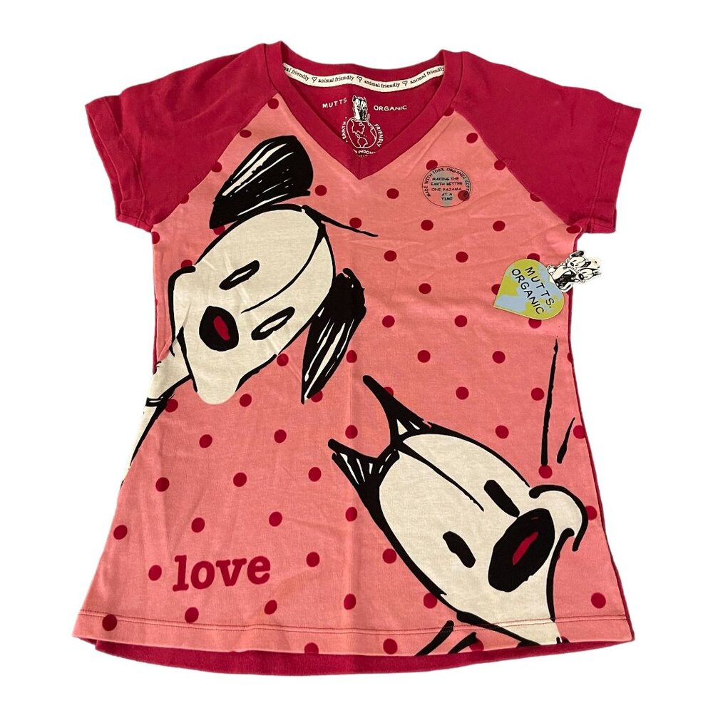 Mutts Organic Women's Earth Friendly V-Neck T-Shirt Cat & Dog Red, Size S NWT